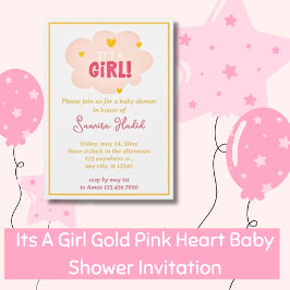 Rosan  Heart Baby Shower för flicka i Guld Inbjudningar