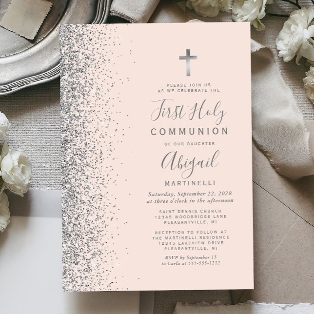  Rosan i silver Glitter Första Heligan Kommitté Inbjudningar (Skapare uppladdad)