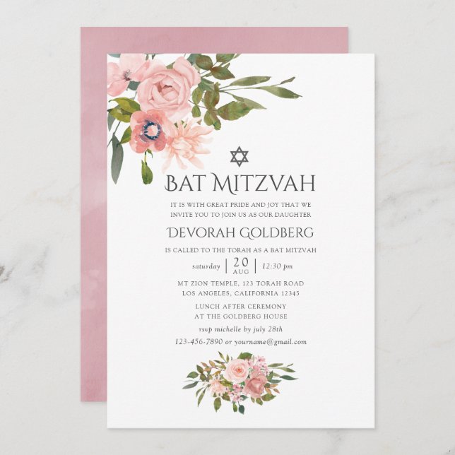  Rosan och Blommigten Ro Guld Bat mitzvah Inbjudningar (Fram/baksida)