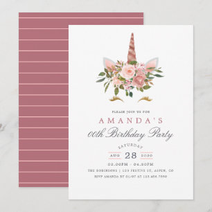 Rosan och Blommigten Ro Guld, Unicorn Birday Inbjudningar