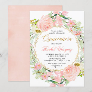  rosan och guld blommigt Quinceanera Inbjudningar