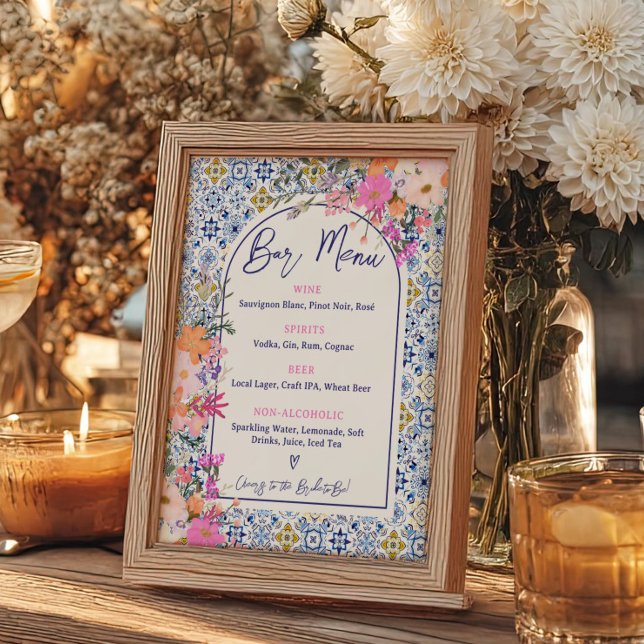 Rosan Pub Menu Blommigt vid Medelhavsplattan Poster (Mediterranean Tile Pink Floral Bar Menu Poster)
