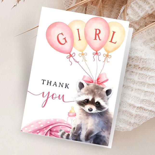 Rosan Raccoon Baby Shower Girl är uppsatt Tack Kort (Skapare uppladdad)