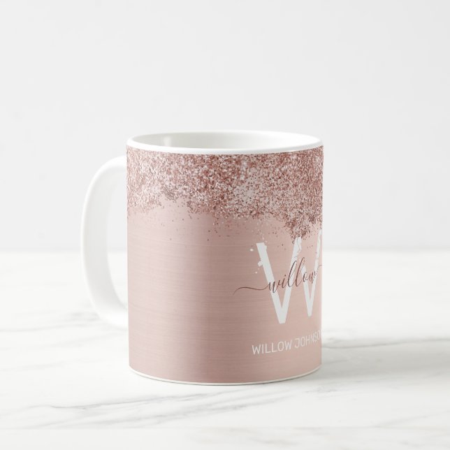  Rosan ro Guld Girly Glitter Dust Monogram Kaffemugg (Framsida vänster)