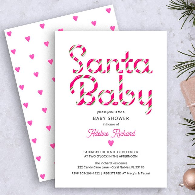 Rosan Santa Baby, jul, babykläder Inbjudan (Pink candy cane Santa baby Christmas baby shower)