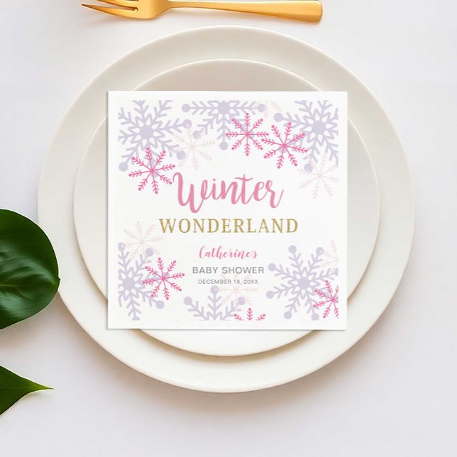 Rosan Snöflingor i Winter Wonderland Baby Shower  Pappersservett (Skapare uppladdad)