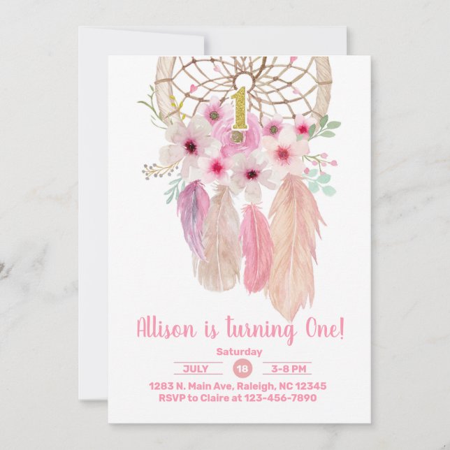 Rosans dröm catcher flicka 1:a födelsedag inbjudan (Framsida)