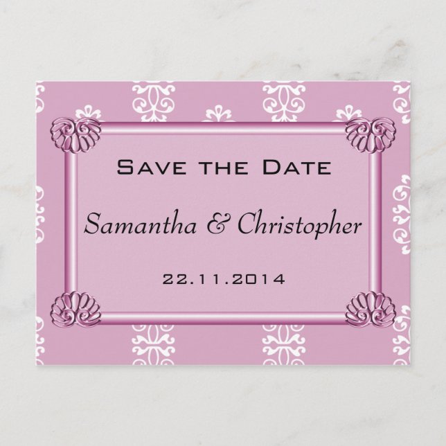 Rosapink Damask Bröllop Save the Date Meddelande Vykort (Framsida)