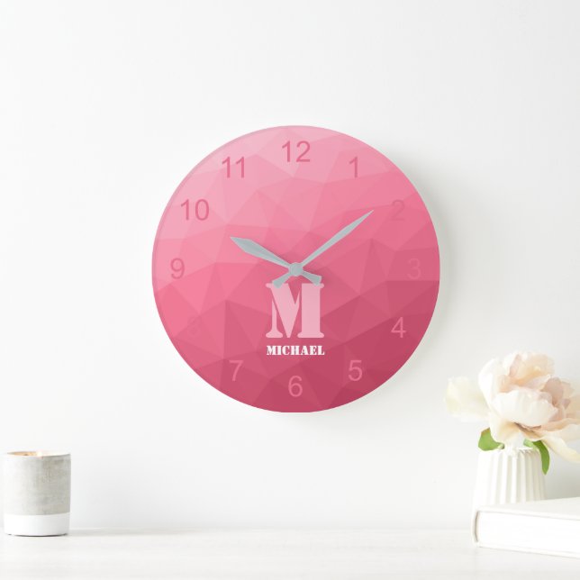 Rosapink Gradient Geometriskt Mönster Monogram Stor Klocka (Hem)
