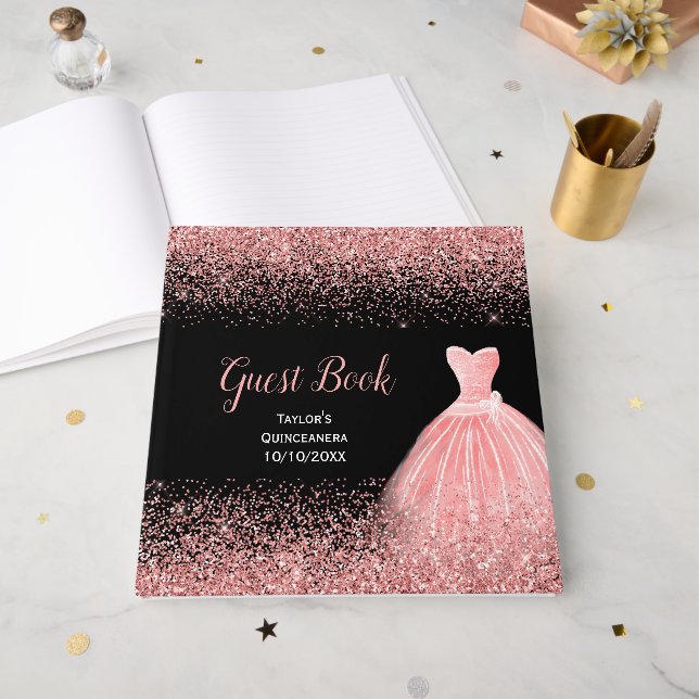 Rosapink klänning Falsk glitter Quinceanera Gästböcker (Framsidan öppen)
