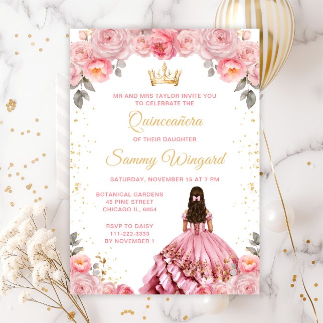Rosapink prinsessa Quinceañera blomster- Inbjudningar (Skapare uppladdad)