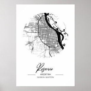 Rosario - Argentina Black Vatten City Karta Poster
