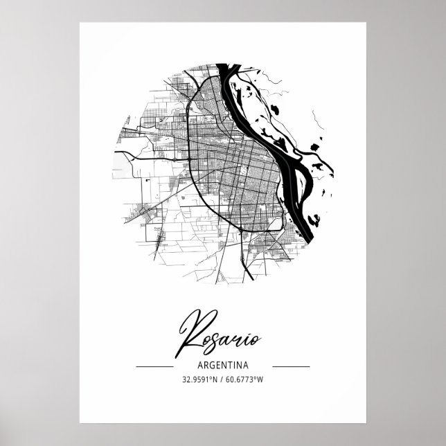 Rosario - Argentina Black Vatten City Karta Poster (Framsidan)