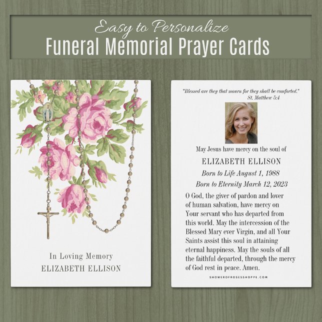Rosary Funeral Memorial Prayer Rosa ros Visitkort (Catholic Funeral Memorial Prayer Cards - Easy to Personalize)