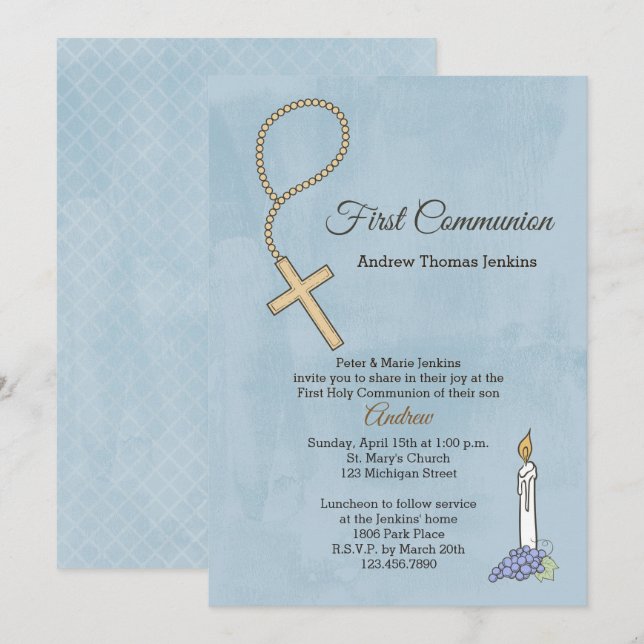 Rosary Pärlor, Candle Blue First Communion Inbjuda Inbjudningar (Fram/baksida)