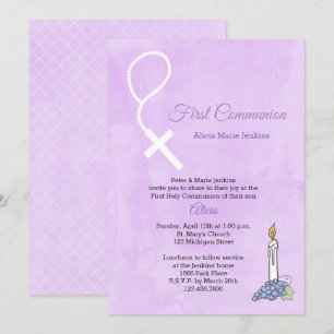 Rosary Pärlor, Candle, Lilac First Communion Inbju Inbjudningar