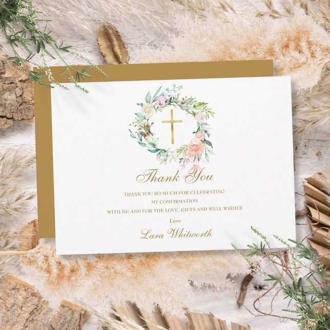 Rosas blomsterkrans konfirmation guldskrift tack kort (Roses Floral Garland Confirmation Gold Script Thank You Card)