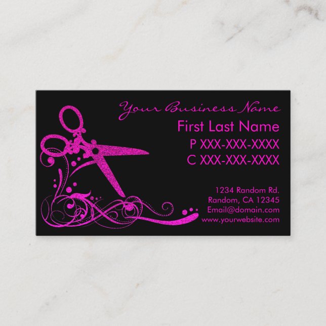 Rosasvartglitter virvlar runt hårsnittvisitkortar visitkort (Framsida)