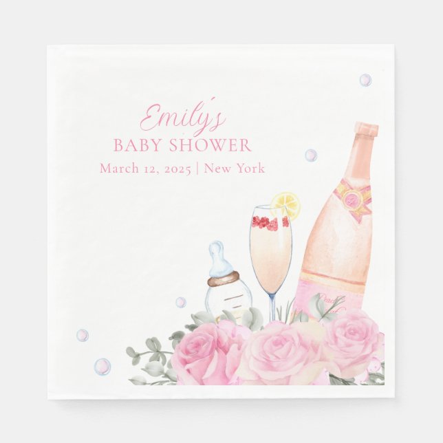 Rosblomma Poppin Champagneflaskor Baby Shower Pappersservett (Framsidan)