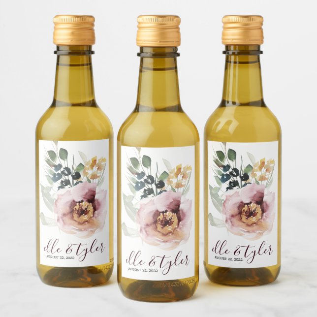 Rosblommig bröllopsmini-etikett för vinflaska vinetikett (Flaskor)