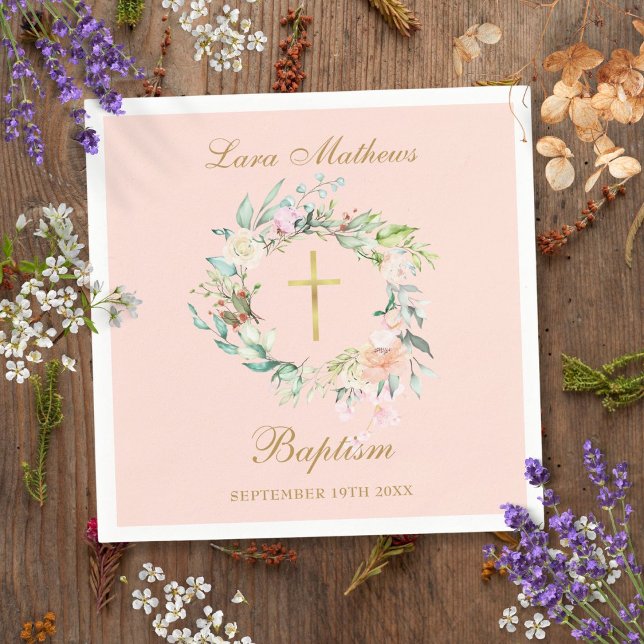 Rosblommig girlang Dop Dopfest Rosa Pappersservett (Rose Floral Garland Baptism Christening Blush Pink Napkins)