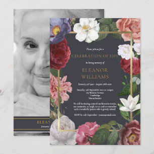 Rosblommig svart och vit fotofuneral inbjudningar