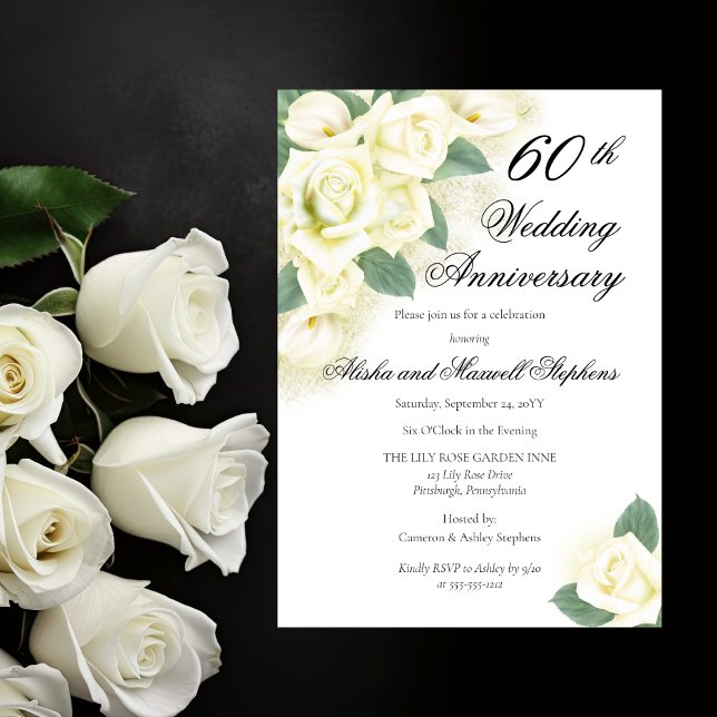 Rosblomsterbukett 60-års bröllopsdag fest inbjudningar (Elegant Rose Floral Bouquet 60th Wedding Anniversary Party Invitation)