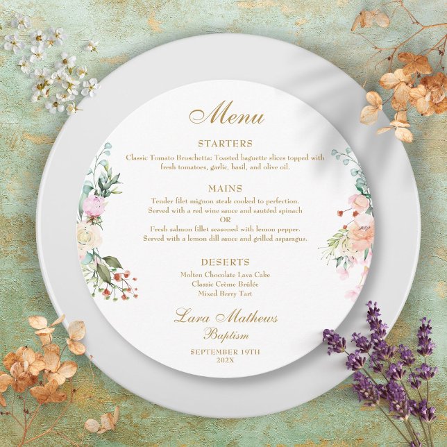 Rosblomsterkrans Dop Dopförrättning Tallrik Meny (Rose Floral Garland Baptism Christening Plate Menu)