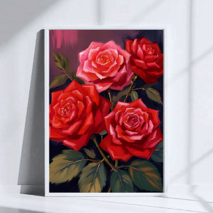 Rosbukett Röd Blommig Akvarellmålning Poster