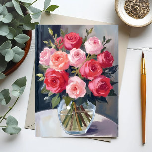 Rosbukett Röd Blommig Akvarellmålning Vykort