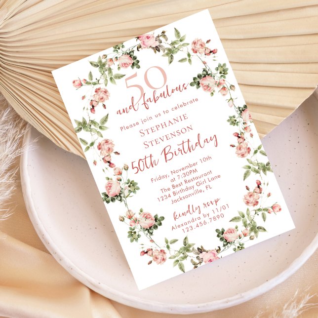 Rose 50 & Fabulous 50th Birthday Garden Tea Party Inbjudningar (Skapare uppladdad)