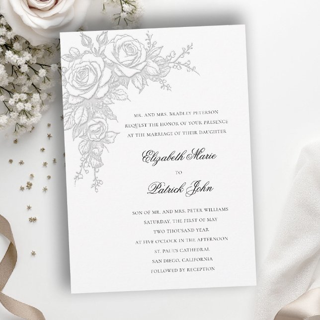 Rose Black White Timeless Formal Classic Wedding Inbjudningar (black and white wedding invitation roses theme floral formal traditional modern classic luxury)