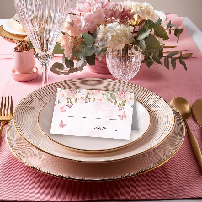Rose Blommor Fjärilar Blommor | Rosa Marmor  Placeringskort (Elegant Pink Rose Floral and Pink Butterflies Folded Table Place Cards)