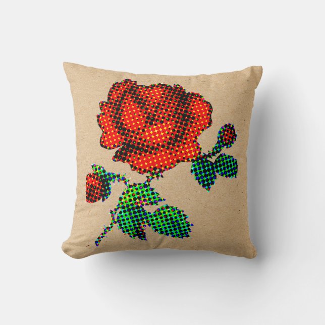 Rose Bloom Halftone på brunt papper Fine Art Kudde (Framsida)