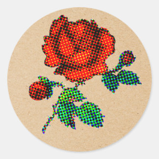 Rose Bloom Halftone på brunt papper finkonst Runt Klistermärke