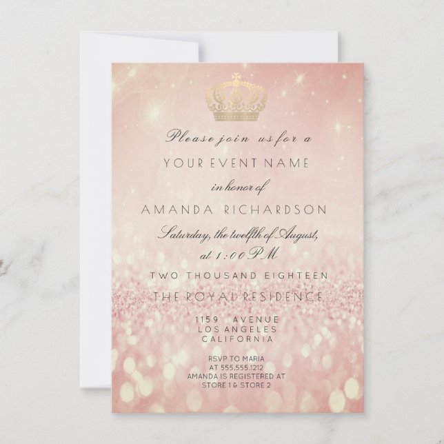 Rose BlushGlitter  Kron Royal Glitter 16:e Bröllop Inbjudningar (Framsida)