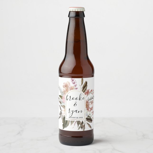 Rose Boho Bröllop Ölflaska Etikett (Framsida)