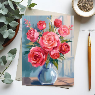 Rose Bouquet Röd blomvas Akvarell Blommig Vykort