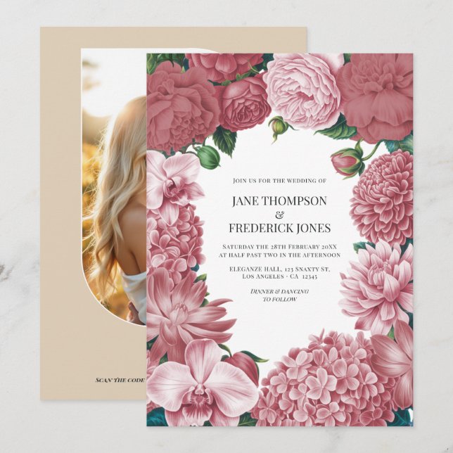 Rosé Clay, Terra Pink & Peony Smoke Floral Wedding Inbjudningar (Fram/baksida)