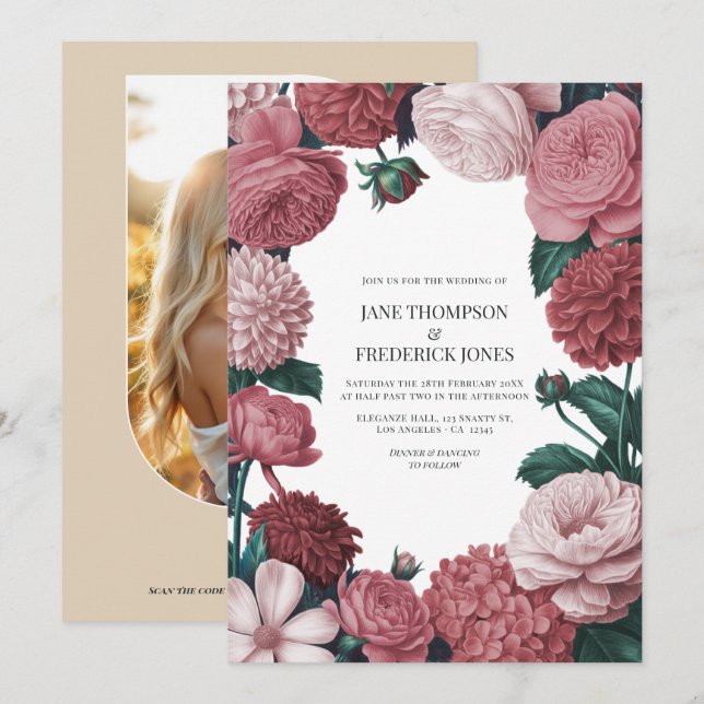 Rosé Clay, Terra Pink & Peony Smoke Floral Wedding Inbjudningar (Fram/baksida)
