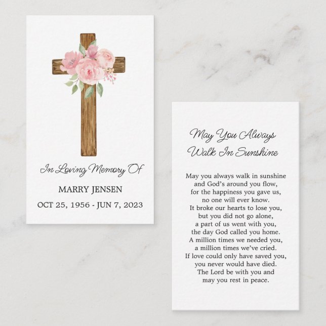 Rose Cross Memorial Funeral Prayer Card Visitkort (Fram/baksida)