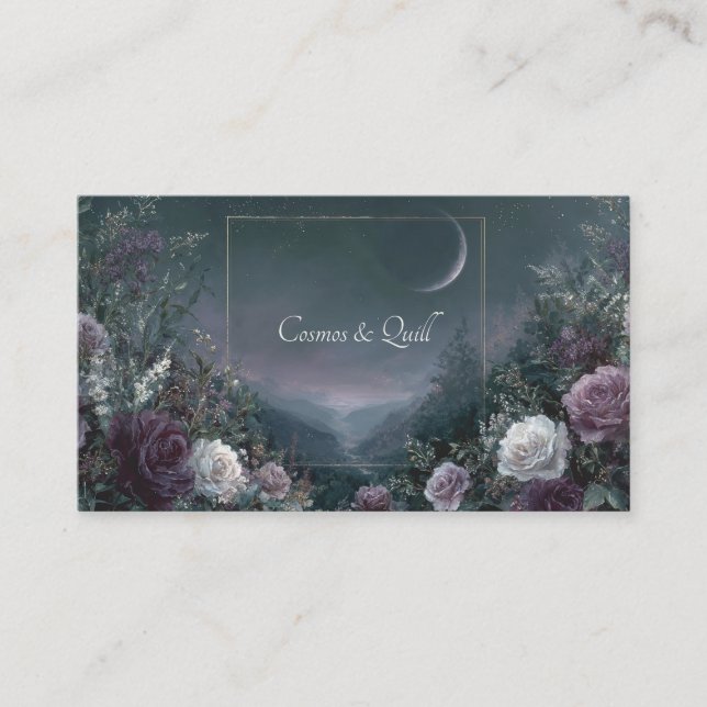 Rose Floral and Crescent Moon Night Sky Valley Visitkort (Framsida)