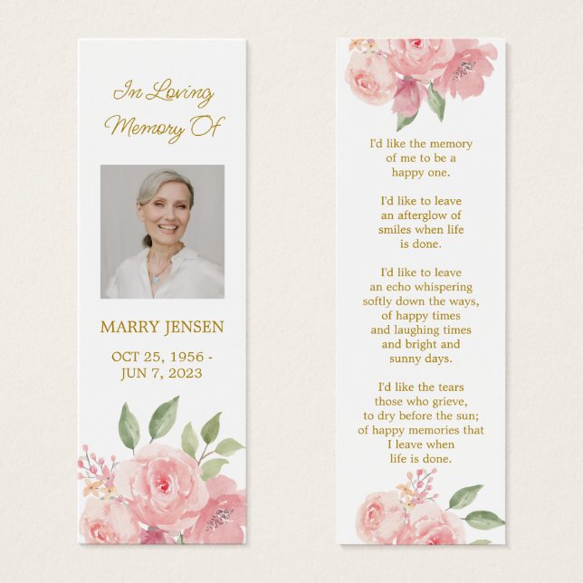 Rose Floral Photo Funeral Memorial Bookmark Litet Visitkort (Framsida & baksida)