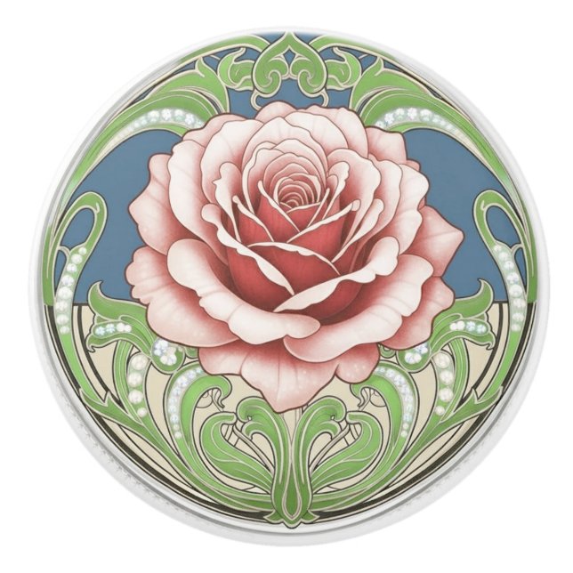 Rose Flower Green Blue Red Art Deco Nouveau Knopp (Framsidan)