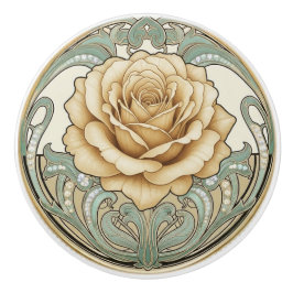 Rose Flower Green Cream Gold Art Deco Nouveau Knopp