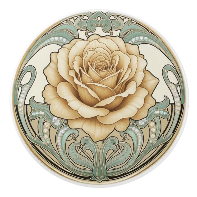 Rose Flower Green Cream Gold Art Deco Nouveau Knopp (Framsidan)