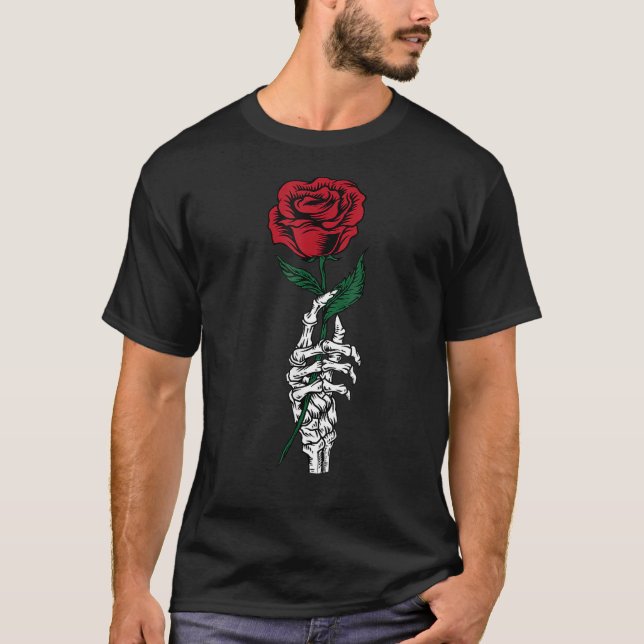 Rose Flower White Skeleton Hand Holding A Red Rose T Shirt (Framsida)