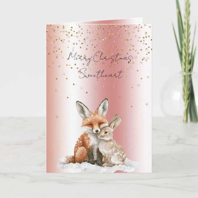 Rose Fox Deer Love Glitter Sweetheart Christmas Kort (Framsida)