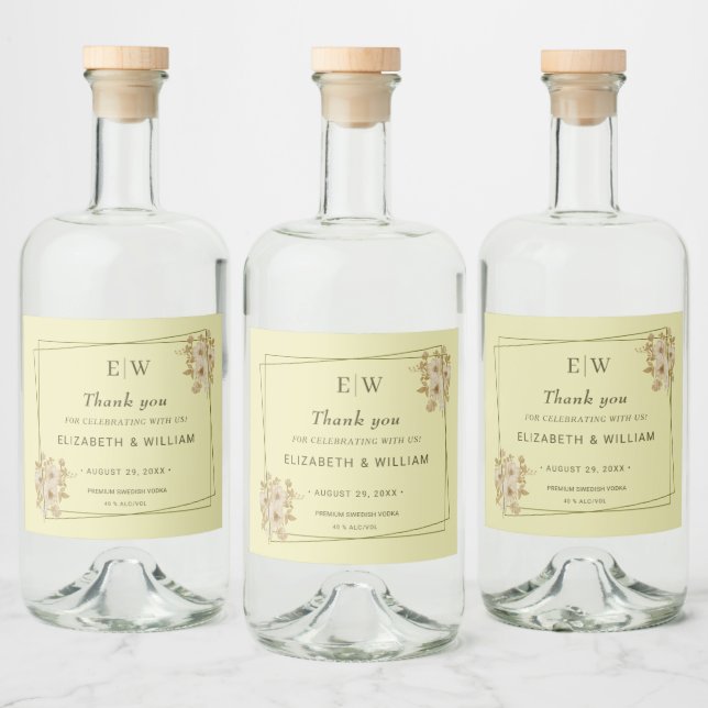 Rose Frame – Monogram Celestial Yellow Wedding Spritflaskor Etikett (Flaskor)