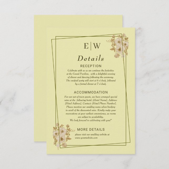Rose Frame – Monogram himmelsk gul bröllops- Tilläggskort (Fram/baksida)